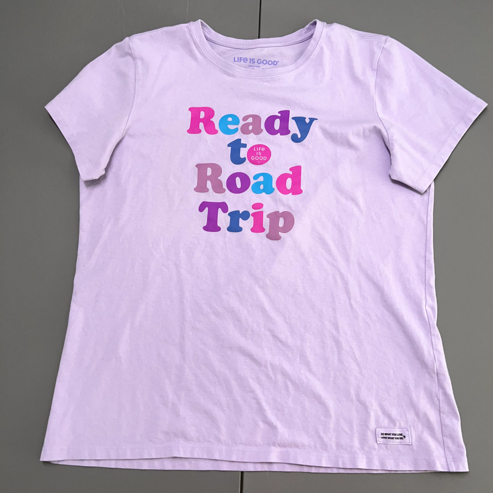 Life is Good Top Women L Purple Ready To Road Trip Graphic Tee Crew Neck SS